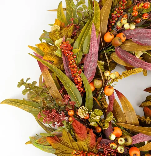 Vista 3 de Corona de olivo para puerta delantera de 22 pulgadas, corona de vegetación para todas las estaciones con hojas de olivo y frutos, decoración