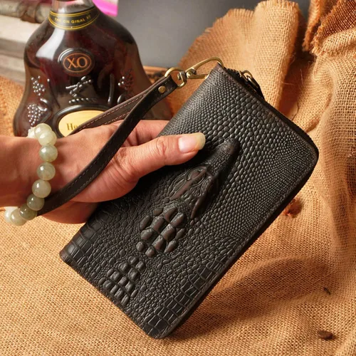 Vista 5 de Le'aokuu Unisex calidad cuero genuino cadena embrague mano bolso organizador monedero chequera cremallera cartera 1016, Cocodrilo marrón