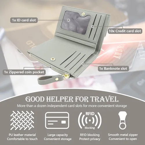 Vista 5 de Huakaile Billetera de cuero plegable con bloqueo RFID para mujer, mini monedero con bolsillo para monedas, con hebilla de cremallera, tarjetero