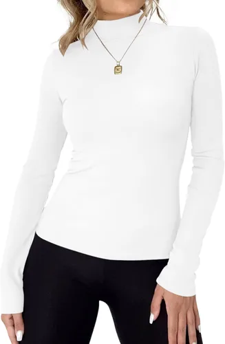 Vista 4 de Rapbin Camiseta de manga larga para mujer, cuello alto, básica, elástica, ajustada, ligera, térmica