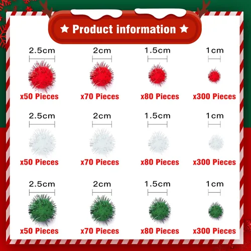 Vista 2 de Lusy DM 1200 piezas de pompones de Navidad con brillo, pompones de bolas de Navidad, escarcha de pompones para manualidades y suministros