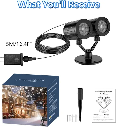 Vista 8 de AKSDA Proyector de Luces de Copo de Nieve de Navidad para Exteriores, Doble Cabezal Mejorado 2025, Rotación de 360°, Impermeable IP65, Función
