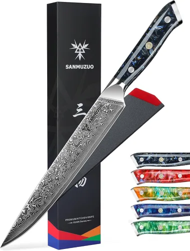 Vista 9 de Cuchillo para cortar carne de acero Damasco VG10 de 9 pulgadas, mango naranja de fantasía de resina