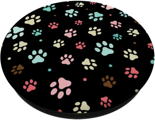 Vista 2 de Patrón colorido lindo de la huella de la pata sobre fondo negro PopSockets estándar PopGrip