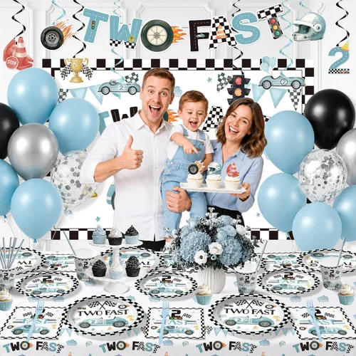 Vista 4 de Juego de vajilla de decoración de cumpleaños Two Fast de 187 piezas para servir a 25 invitados, decoraciones de cumpleaños 2 Fast incluye pancarta