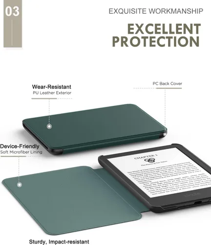 Vista 4 de MoKo Funda para Amazon Kindle Basic de 11ª generación 2024/2022 de 6 Verde medianoche