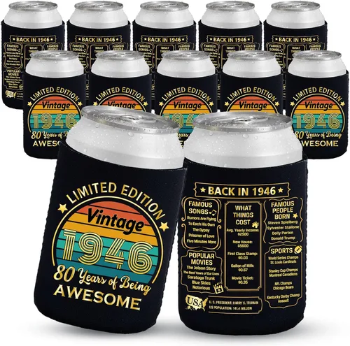 Vista 15 de Decoraciones de cumpleaños número 13, suministros y recuerdos de fiesta, fundas enfriadoras para latas de bebidas, paquete de 12, negro y dorado