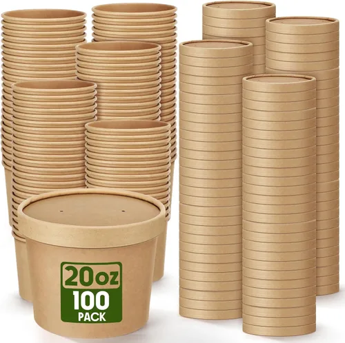 Vista 24 de Fulmoon Paquete de 100 recipientes de papel para sopa con tapas, recipientes de papel desechables para alimentos con tapa ventilada, tazas de postre