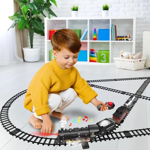 Vista 4 de Hot Bee Juego de tren para niños, juguetes de tren de aleación a control remoto con locomotora de vapor, vagones de carga, vías, trenes con luces