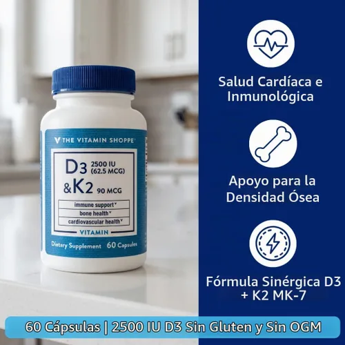 Vista 2 de The Vitamin Shoppe Brand Vitamina D3 2500 UI y K2 90 MCG, 60 cápsulas