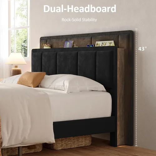 Vista 6 de Base de cama de tamaño matrimonial, cama de plataforma tapizada con 2 cajones de almacenamiento, cabecera de canal vertical de terciopelo con luces