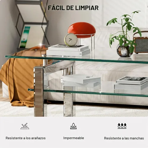 Vista 13 de IKIFLY Mesa de centro de cristal con tablas de vidrio de 2 niveles y patas de metal resistentes, mesa auxiliar rectangular de vidrio transparente