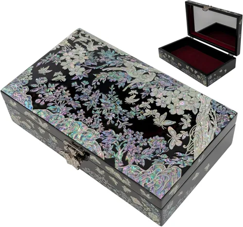 Vista 12 de Joyero de nácar con bandeja extraíble para anillos, regalos para mujeres, cumpleaños, boda, Navidad