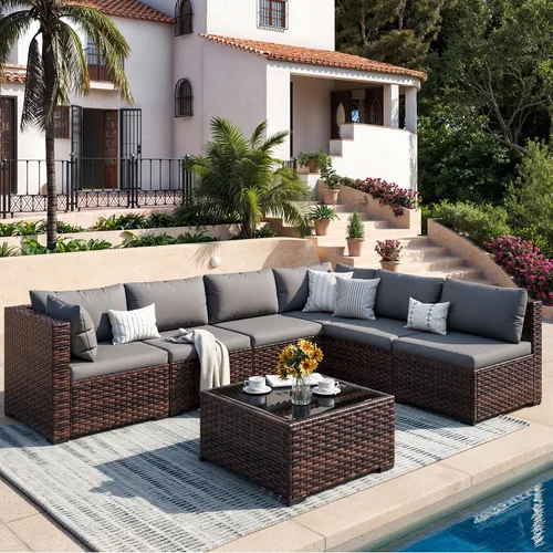 Vista 23 de Juego de muebles de patio, sofá seccional de mimbre para exteriores Beige/Negro