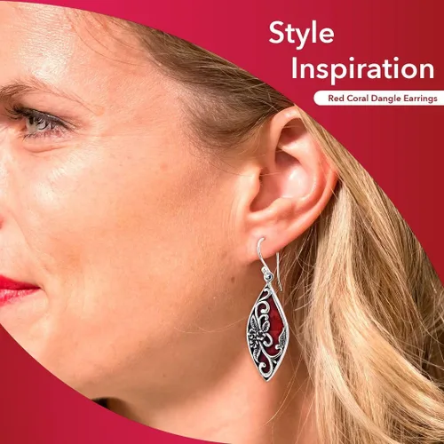 Vista 5 de Red Coral Drop Dangle Earrings for Women in 925 Sterling Silver 01 - Coral
