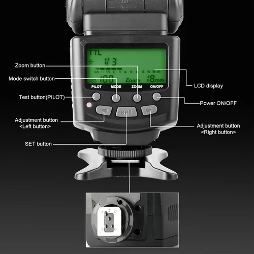 Vista 5 de Meike MK430N TTL Flash de cámara Speedlite con pantalla LCD compatible con cámaras Nikon D7100 D5300 D5200 D3500 D3100 D600 D800 D3200 D90 D80 D300