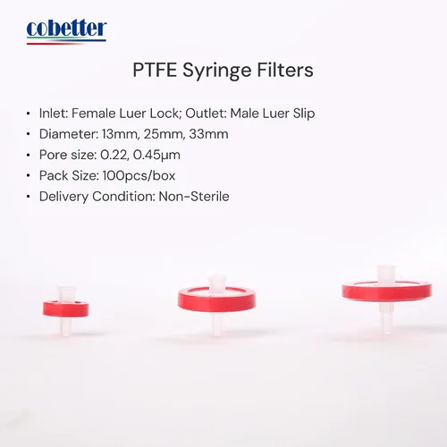 Vista 2 de Paquete de 100 Filtros de Jeringa PTFE para Laboratorio Filtros de Filtración Hidrofóbica Tamaño de Poro 0.22μm Diámetro 13mm No estéril Rojo