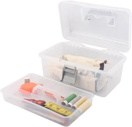 Vista 5 de Caja de almacenamiento de plástico multiusos con asa y cerradura de pestillo, gris transparente Transparente/Gris