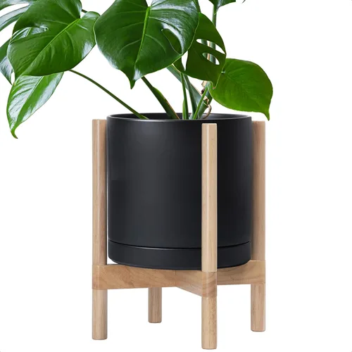 Vista 85 de D'vine Dev Maceta de cerámica con soporte de ébano – Maceta redonda moderna de 8 pulgadas con soporte para maceta de madera, color negro, 55-B-M-2