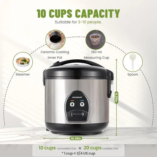 Vista 4 de Arrocera y Vaporera de Alimentos de 10 Tazas de Arroz Crudo - Olla Interior con Revestimiento Cerámico No Tóxico, Multifunción de Un Toque