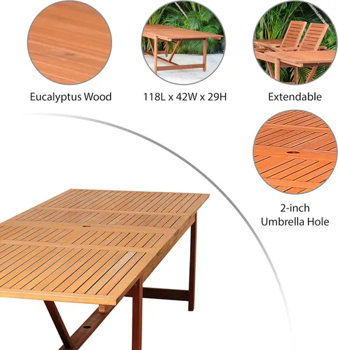Vista 2 de Brampton - Juego de comedor extensible para patio de 9 piezas, madera de eucalipto, ideal para exteriores e interiores