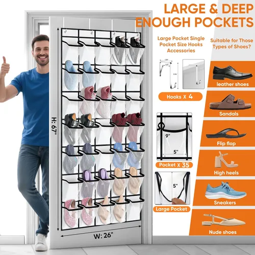 Vista 4 de Organizador de zapatos para colgar sobre la puerta, organizador de 35 zapatos para colgar sobre la puerta, organizador de almacenamiento para detrás