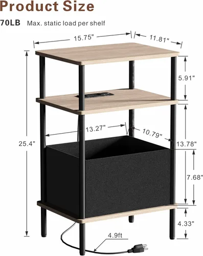 Vista 3 de Mesa auxiliar pequeña con estación de carga, mesa auxiliar para espacios pequeños, mesita de noche delgada con tomacorriente, sofá junto a la mesa