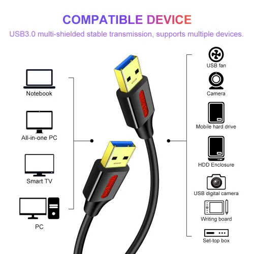 Vista 2 de Cable USB 3.0 A a A macho de 1 pie, USB tipo A macho a macho, cable USB 3.0 de doble extremo USB para disco duro, cámaras, enfriador de laptop