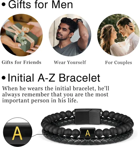 Vista 6 de Layered Leather Beads Initial Bracelets for Men, Braided Leather Natural Stone Bracelets for Men with Magnetic Clasp Mens Leather Beaded Bracelets