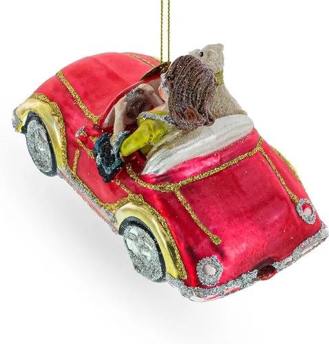 Vista 2 de Elegante Mujer Conducción Rosa Cabriolet Soplado Vidrio Adorno De Navidad