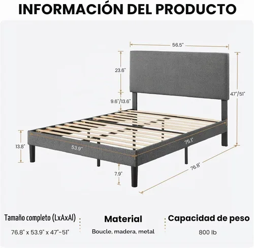 Vista 2 de SHA CERLIN - Base de cama con plataforma de tamaño completo con cabecera ajustable y soporte de listones de madera, base de colchón tapizada