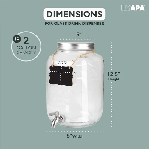 Vista 2 de Ilyapa Dispensador de Bebidas de 2 Galones - Dispensador de Bebidas de Vidrio de Boca Ancha - Grifo de Acero Inoxidable 100% a Prueba de Fugas