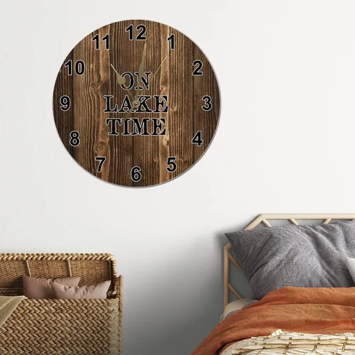 Vista 4 de On Lake Time - Reloj de pared de grano de madera marrón, reloj redondo de 12 pulgadas, funciona con pilas, sin tictac, con texto en inglés "She
