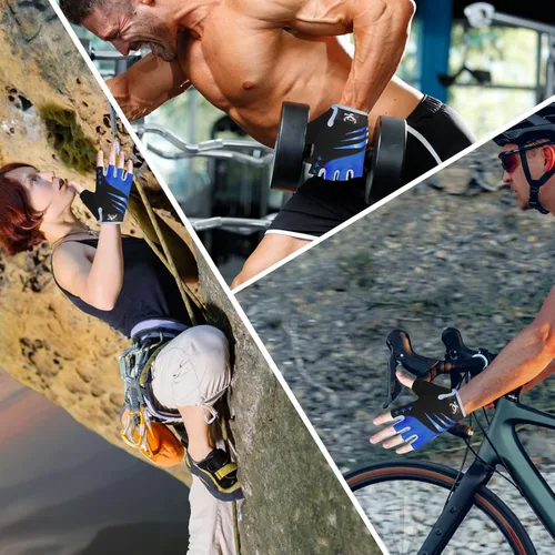 Vista 5 de BEAST RAGE Guantes de ciclismo de medio dedo para hombres y mujeres, guantes acolchados de gel, antideslizantes, absorben los golpes, levantamiento
