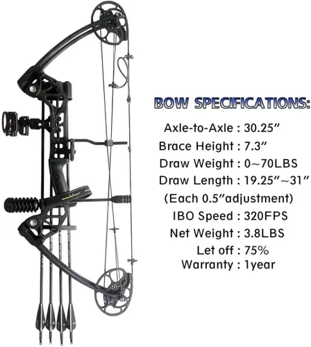 Vista 2 de Arco compuesto con peso de tracción de 0-70 libras para arqueros principiantes y de nivel intermedio, totalmente ajustable de 19.25"-31", con todos