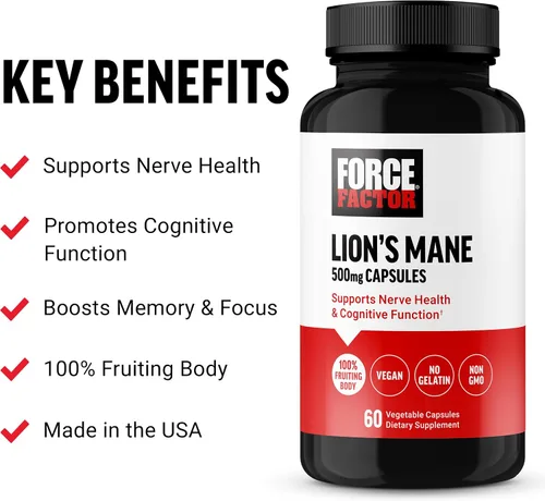 Vista 2 de Force Factor Cápsulas de suplemento de melena de león, 60 cápsulas vegetales Memory & Focus Supplement, Supports Nerve Health & Cognitive