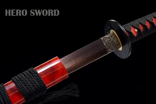 Vista 6 de Espada samurái hecha a mano, espada katana de espiga completa, acero de Damasco forjado a mano, arma japonesa real afilada de 41 pulgadas, rojo