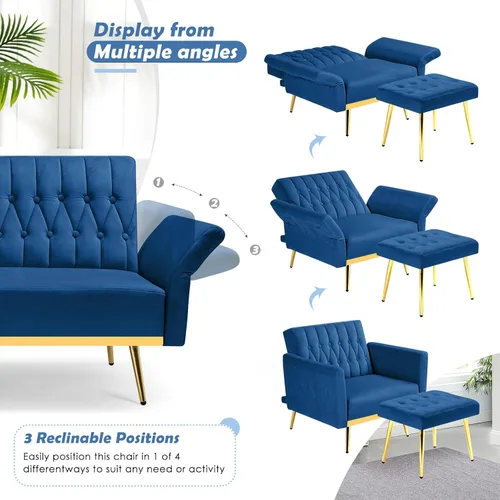 Vista 4 de Silla decorativa de terciopelo con respaldo y reposabrazos ajustables, azul