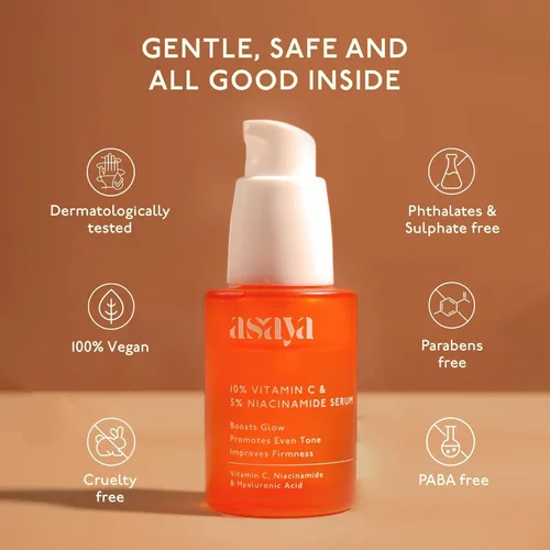 Vista 5 de Asay@ Suero facial con vitamina C al 10% con 5% de niacinamida y ácido hialurónico, fórmula ligera y no pegajosa, para todo tipo de piel, uso