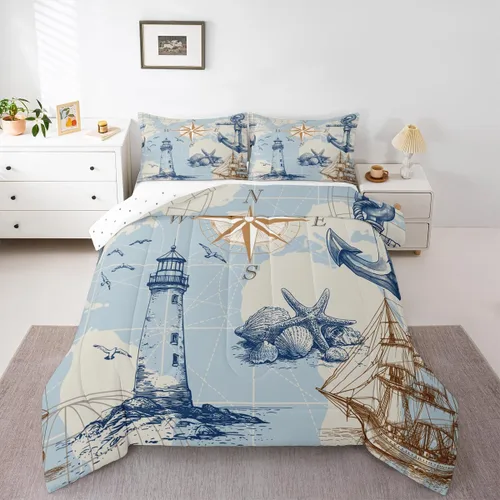 Vista 49 de Erosebridal Edredón náutico costero, juego de ropa de cama y colecciones de playa de verano, estilo clásico, edredón de plumón oceánico