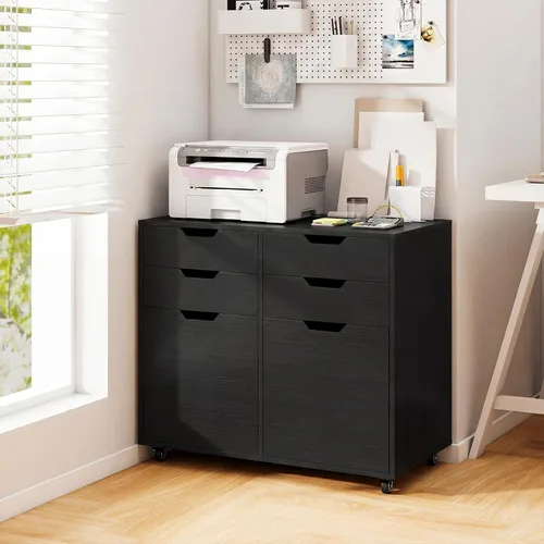 Vista 8 de Archivador negro con 4 cajones y 2 puertas Organizador de almacenamiento móvil para debajo del escritorio, soporte de impresora de madera sobre