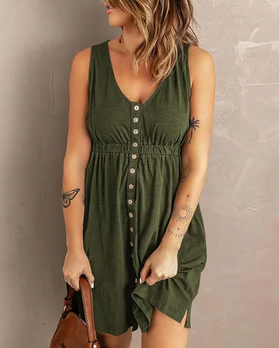 Vista 3 de BTFBM - Vestido de verano sin mangas y con cintura alta para mujer, vestido de playa con tela de punto acanalado, cuello redondo, botones