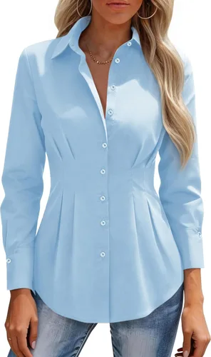 Vista 12 de siliteelon Camisas con botones para mujer, cintura ceñida, camisa de vestir de algodón de manga larga para negocios, casual, trabajo, oficina