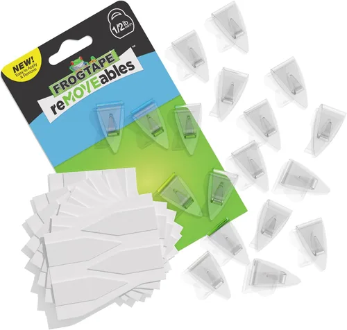 Vista 11 de FrogTape reMOVEables - Mini ganchos adhesivos para colgar, 18 ganchos transparentes y 24 tiras adhesivas, clips de interior sin daños para luces