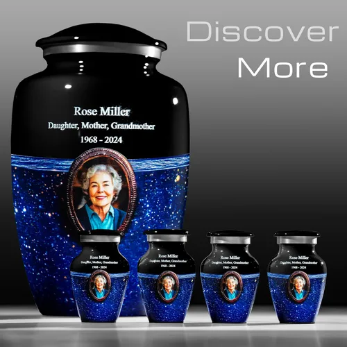 Vista 9 de Urna fotográfica de galaxia azul para cenizas humanas – Homenaje de cremación personalizado con retrato, nombre y fechas, recuerdo conmemorativo