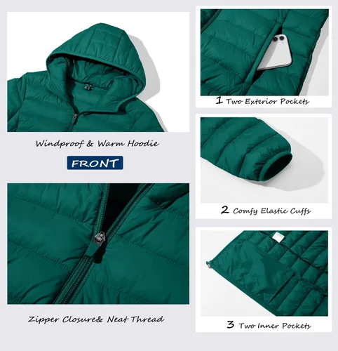 Vista 4 de MAGCOMSEN Chaqueta acolchada con capucha para mujer, ligera, acolchada, con 4 bolsillos, con cremallera, ropa cálida para invierno