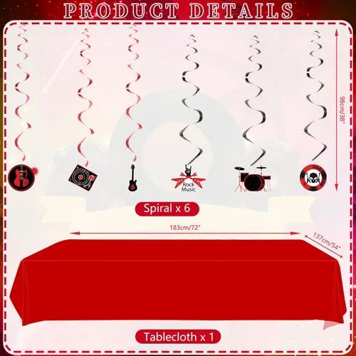 Vista 3 de Decoraciones de fiesta de rock and roll, incluyendo pancarta de Born to Rock, remolinos colgantes, adornos para pasteles, globos, pulseras