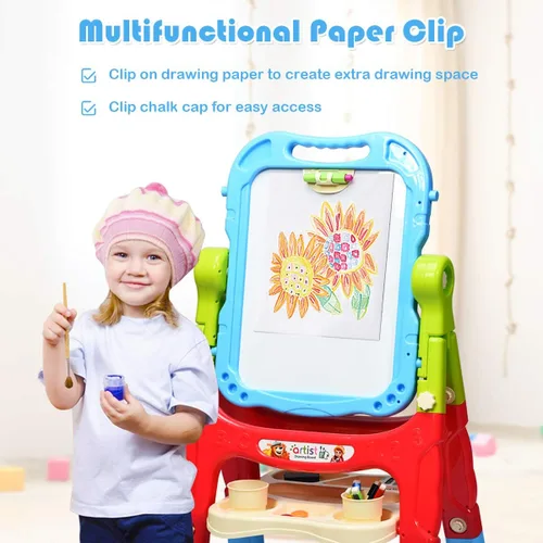 Vista 9 de Costzon Caballete de arte para niños, altura ajustable con rotación de 360°, tablero de dibujo de doble cara con pizarra y pizarra blanca, juego