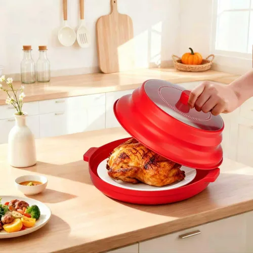 Vista 8 de Cubierta 2 en 1 para salpicaduras de microondas para alimentos con placa base antiquemaduras, tapa grande de plástico y silicona plegable