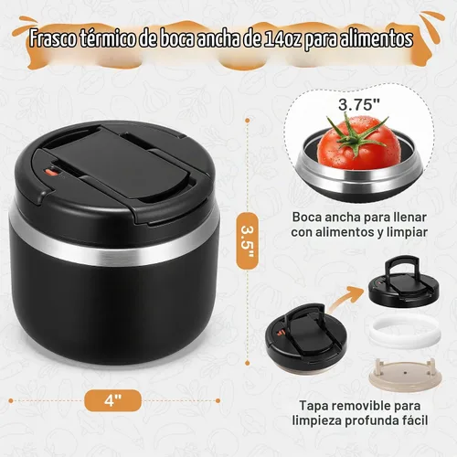 Vista 2 de MAXSO Tarro de comida aislado al vacío de 14 onzas con tapa de hebilla de cuchara, termo de sopa para niños para comida caliente, boca ancha, Negro